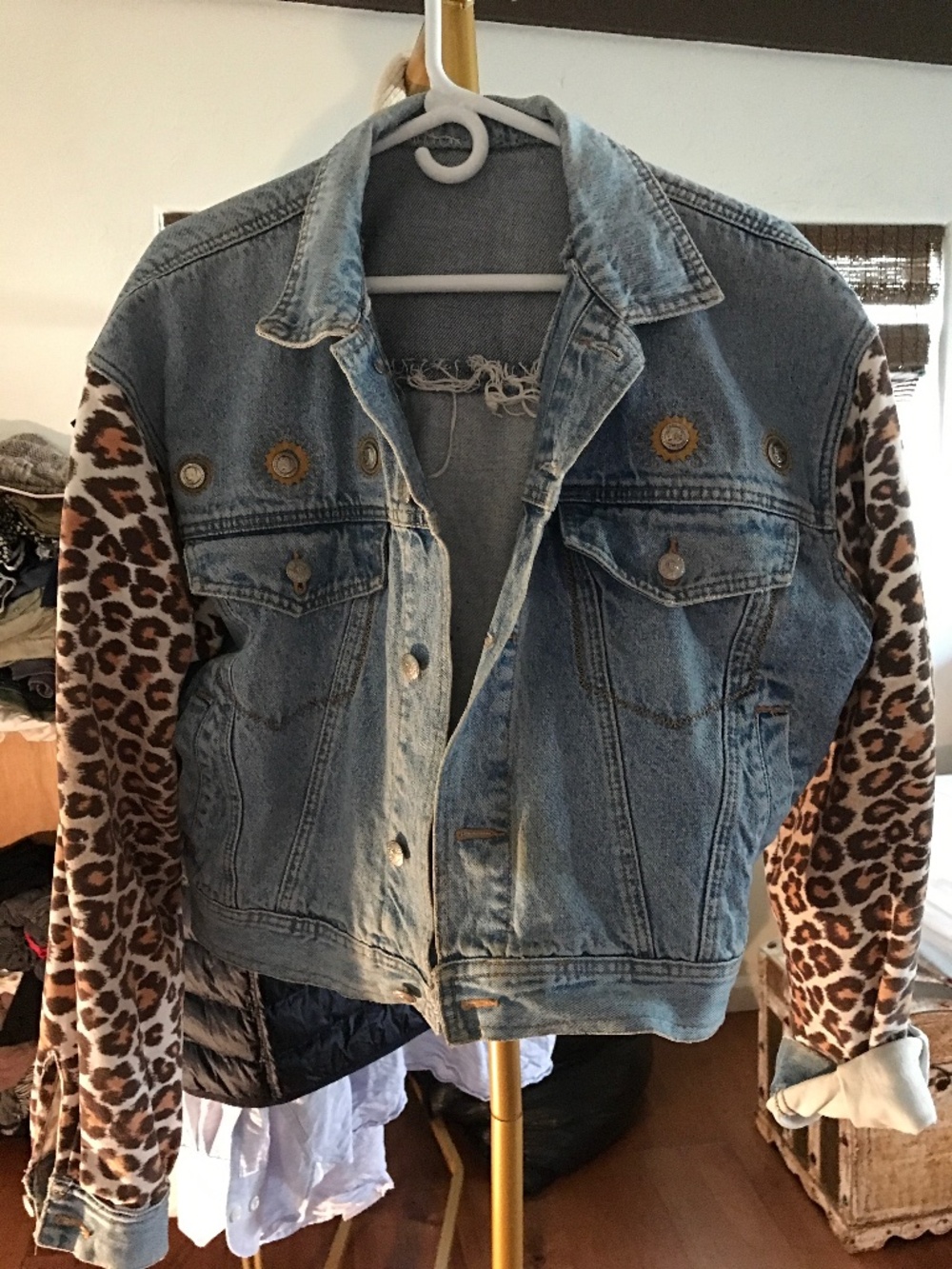 Vintage Pepe denim jacket with real coins and added leopard fabric in sleeves an